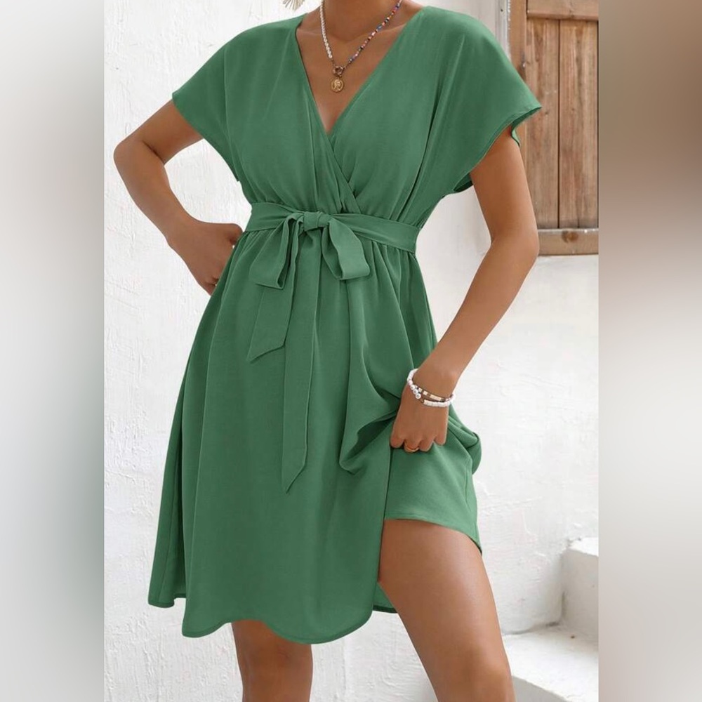 Green Maternity Surplice Neck Batwing Sleeve Belted Dress